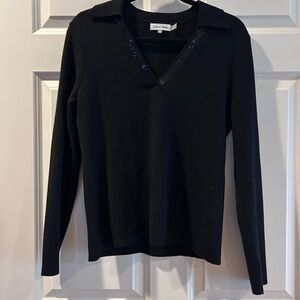 Calvin Klein Women’s Black Long-Sleeve V-Neck Top with Collar and Sequin Trim